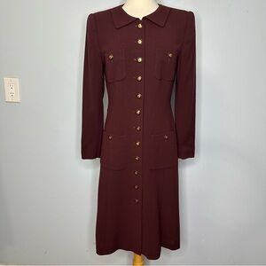 Rena Lange Vintage Maroon Wool Silk Blend Gold Buttons Military Tweed Dress 6/8